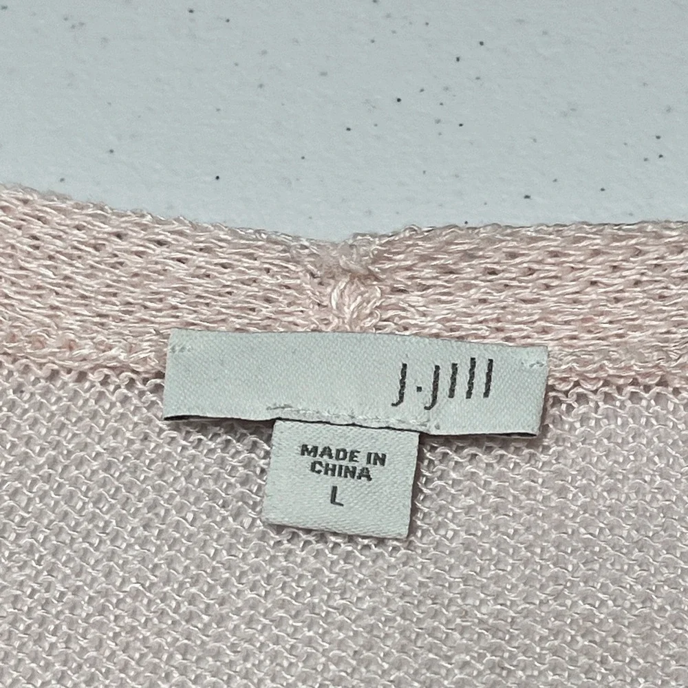 J Jill Cardigan Pink Linen Blend Duster Open Front Size L Open Knit Lightweight